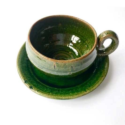 Green Glazed Clay Coffee Cup & Saucer