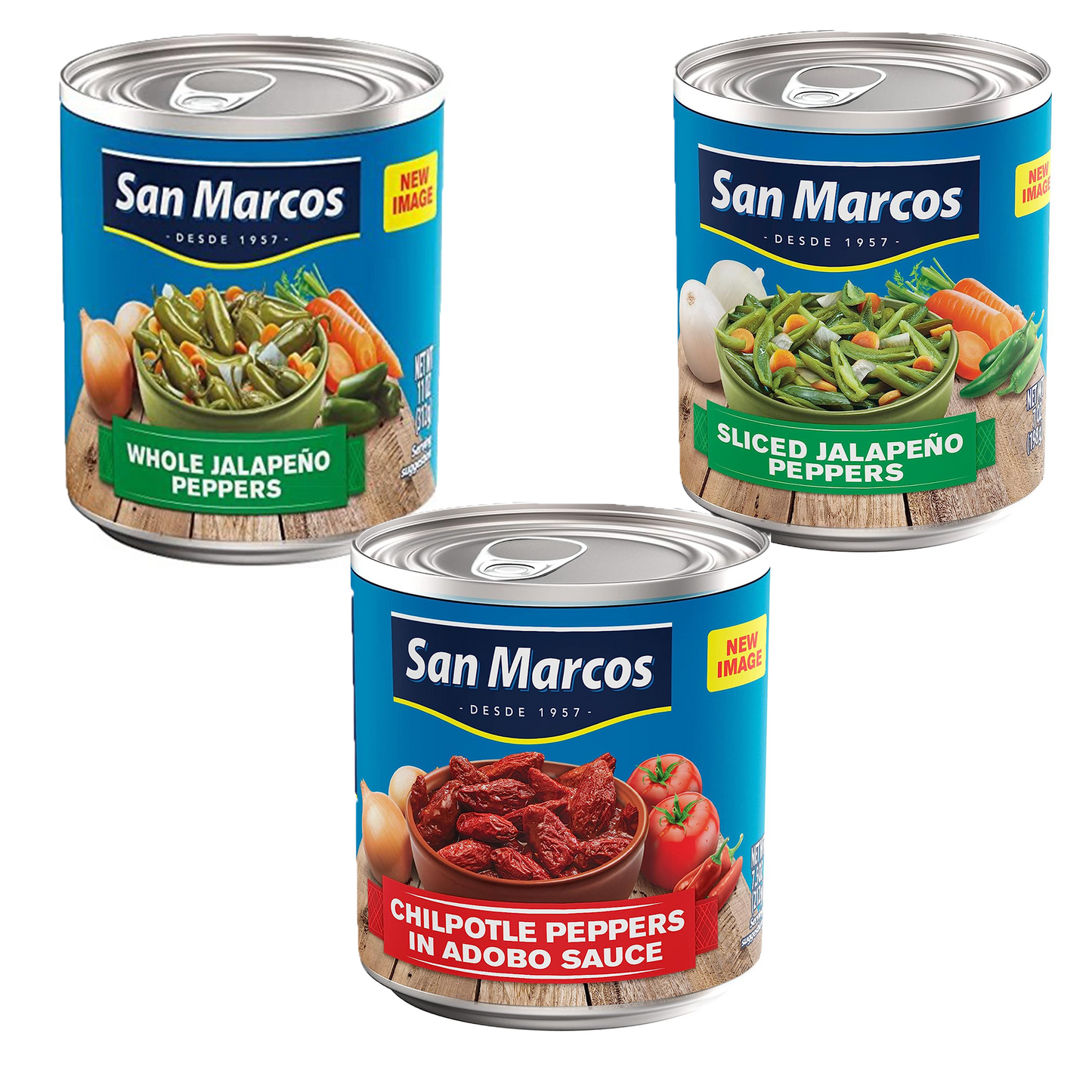 Piments Jalapeno entiers et marinés San Marcos® tranchés 250 ml et piments chipotle en sauce adobo 220 ml Paquet - 3 paquets